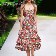 Load image into Gallery viewer, TWOTWINSTYLE Elegant Print Women Dress Square Collar Sleeveless Spaghetti Strap High Waist Ruched Hit Color Dresses Female Tide