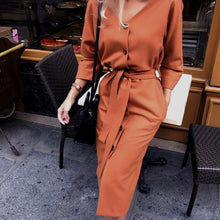 Load image into Gallery viewer, Sexy v Neck Autumn Long Sleeve Women Dress Ladies Sashes Button Casual Office Dress 2019 New Fashion Women Midi Dress Vintage