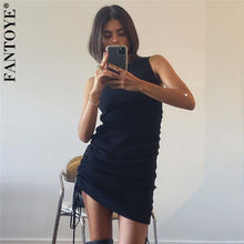 Load image into Gallery viewer, FANTOYE Cotton Ruched Drawstring Sexy Party Dress Women Sleeveless Elastic Mini Dress Vintage Summer Bodycon Club Wear Vestidos