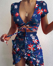 Load image into Gallery viewer, Cryptographic Floral Print Fashion Tie Up Wrap Mini Dress 2020 Summer Holiday Ruffles Sundress Ruched Women's Dress Short Sleeve