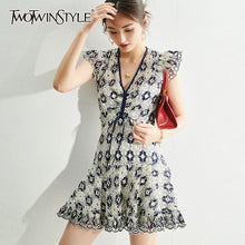 Load image into Gallery viewer, TWOTWINSTYLE Print Hollow Out Dress For Women V Neck High Waist Sleeveless Mini Dresses Female 2020 Summer Fashion New Clothing