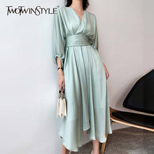 Load image into Gallery viewer, TWOTWINSTYLE Elegant Dresses For Women V Neck Lantern Sleeve High Waist Lace Up Ruched Dress Female 2020 Summer Fashion New