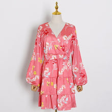 Load image into Gallery viewer, TWOTWINSTYLE Elegant Print Summer Dress Women V Neck Lantern Long Sleeve High Waist Hollow Out Mini Dresses Female Fashion Tide