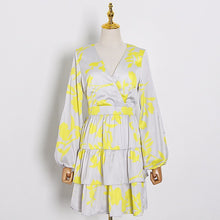 Load image into Gallery viewer, TWOTWINSTYLE Elegant Print Summer Dress Women V Neck Lantern Long Sleeve High Waist Hollow Out Mini Dresses Female Fashion Tide