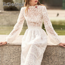 Load image into Gallery viewer, TWOTWINSTYLE Patchwork Hollow Out Embroidery Dress For Women High Waist Lantern Sleeve Perspective Midi Dresses Female 2020 New