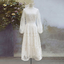 Load image into Gallery viewer, TWOTWINSTYLE Patchwork Hollow Out Embroidery Dress For Women High Waist Lantern Sleeve Perspective Midi Dresses Female 2020 New