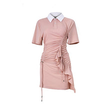Load image into Gallery viewer, TWOTWINSTYLE Patchwork Ruched Women's Dress Lapel Collar Short Sleeve Drawstring Lace Up Elegant Dresses Female 2020 Summer New