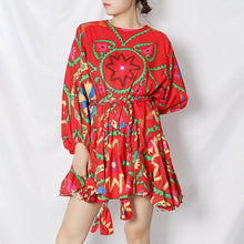 Load image into Gallery viewer, TWOTWINSTYLE Hit Color Print Women's Dress O Neck Lantern Sleeve Lace Up High Waist Dresses Female New Clothing 2020 Summer