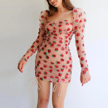 Load image into Gallery viewer, Women's Strawberry Dress Sweet Mesh Vestidos Autumn 2020 Sexy V Neck Puff Sleeve Dress Pleated Patchwork Lace Up Party Dresses
