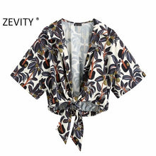Load image into Gallery viewer, Zevity women vintage tropical leaves print casual smock chic blouse ladies hem knotted kimono roupas femininas shirt tops LS6991