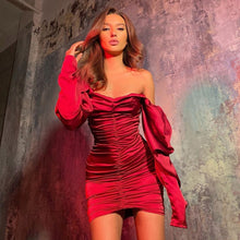 Load image into Gallery viewer, RICORIT Women Sexy Bodycon Dress Pure V Neck Off Shoulder Lantern Sleeve Dress Party Night Elegant Midi Dress Mujer Black Dress