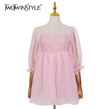 Load image into Gallery viewer, TWOTWINSTYLE Patchwork Mesh Elegant Dress For Women Lantern Sleeve High Waist Ruffle A Line Mini Dress Female Summer 2020 New