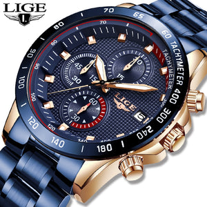 LIGE New Fashion Casual Mens Watches Top Brand Luxury Blue Watch Stainless Steel Sport Waterproof Quartz Watch Men Reloj Hombre