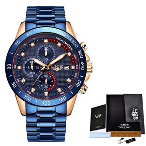 LIGE New Fashion Casual Mens Watches Top Brand Luxury Blue Watch Stainless Steel Sport Waterproof Quartz Watch Men Reloj Hombre