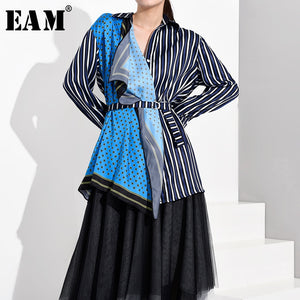 [EAM] Women Blue Striped Asymmetrical Big Size Blouse New Lapel Long Sleeve Loose Fit Shirt Fashion Spring Autumn 2020 WE926