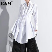 Load image into Gallery viewer, [EAM] Women White Bandage Asymmetrical Long Blouse New Lapel Long Sleeve Loose Fit Shirt Fashion Tide Spring Autumn 2020 A536
