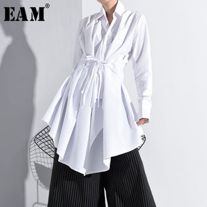 [EAM] Women White Bandage Asymmetrical Long Blouse New Lapel Long Sleeve Loose Fit Shirt Fashion Tide Spring Autumn 2020 A536