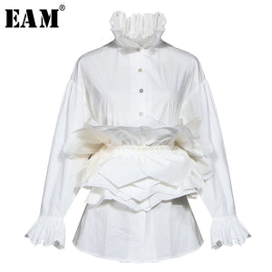 [EAM] Women White Ruffles Split Blouse New Stand Collar Long Sleeve Loose Fit Shirt Fashion Tide Spring Autumn 2020 1N882