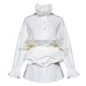 [EAM] Women White Ruffles Split Blouse New Stand Collar Long Sleeve Loose Fit Shirt Fashion Tide Spring Autumn 2020 1N882