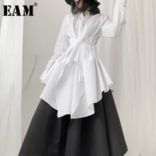 Load image into Gallery viewer, [EAM] Women Black Asymmetrical Long Blouse New Lapel Long Sleeve Loose Fit Shirt Fashion Tide Spring Autumn 2020 19A-a536
