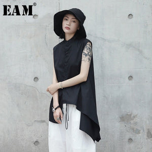 [EAM] Women Black Asymmetrical Hemline Blouse New Lapel Sleeveless Loose Fit Shirt Fashion Tide Spring Autumn 2020 JL4530