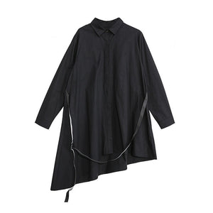 [EAM] Women Black Asymmetrical Buckle Split Blouse New Lapel Long Sleeve Loose Fit Shirt Fashion Tide Spring Autumn 2020 1N485