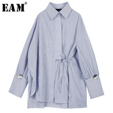 Load image into Gallery viewer, [EAM] Women Blue Striped Bandage Big Size Blouse New Lapel Long Sleeve Loose Fit Shirt Fashion Tide Spring Autumn 2020 1N527
