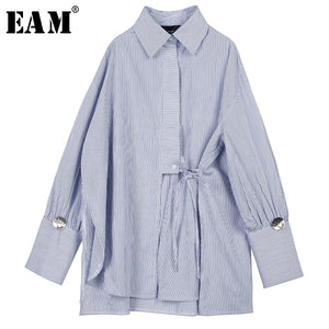 [EAM] Women Blue Striped Bandage Big Size Blouse New Lapel Long Sleeve Loose Fit Shirt Fashion Tide Spring Autumn 2020 1N527