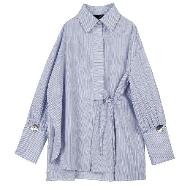 [EAM] Women Blue Striped Bandage Big Size Blouse New Lapel Long Sleeve Loose Fit Shirt Fashion Tide Spring Autumn 2020 1N527