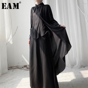 [EAM] Women Black Back Long Big Size Blouse New Lapel Long Sleeve Loose Fit Shirt Fashion Tide Spring Autumn 2020 19A-a564