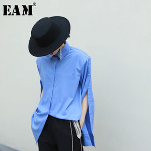 [EAM] Women Blue Vent Split Temperament Blouse New Lapel Long Sleeve Loose Fit Shirt Fashion Tide Spring Autumn 2020 1R352