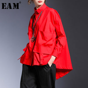 [EAM] Women Pocket Spliced Oversize Irregular Blouse New Lapel Long Sleeve Loose Fit Shirt Fashion Tide Spring Autumn 2020 1B236