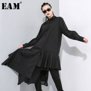 [EAM] Women Black Asymmetrical Pleated Long Blouse New Lapel Long Sleeve Loose Fit Shirt Fashion Tide Spring Autumn 2020 1N202