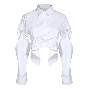 [EAM] Women White Asymmetrical Pleated Blouse New Lapel Long Sleeve Loose Fit Shirt Fashion Tide Spring Autumn 2020 1N883