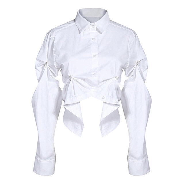 [EAM] Women White Asymmetrical Pleated Blouse New Lapel Long Sleeve Loose Fit Shirt Fashion Tide Spring Autumn 2020 1N883