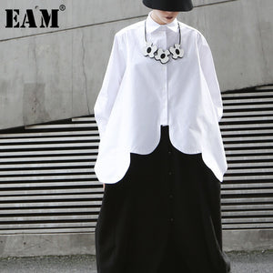 [EAM]2020 New Spring Autumn Lapel Long Sleeve White Irregular Hem Cut Stitch Irregular Big Size Shirt Women Blouse Fashion JO195