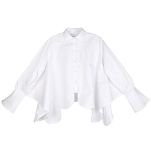 [EAM]2020 New Spring Autumn Lapel Long Sleeve White Irregular Hem Cut Stitch Irregular Big Size Shirt Women Blouse Fashion JO195