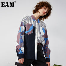 Load image into Gallery viewer, [EAM] Women Blue Pattern Printed Big Size Blouse New Lapel Long Sleeve Loose Fit Shirt Fashion Tide Spring Autumn 2020 1R702
