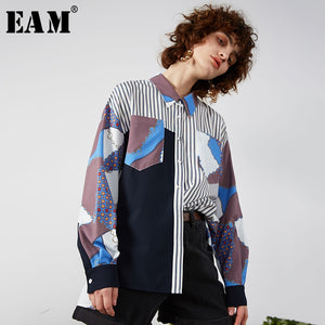 [EAM] Women Blue Pattern Printed Big Size Blouse New Lapel Long Sleeve Loose Fit Shirt Fashion Tide Spring Autumn 2020 1R702