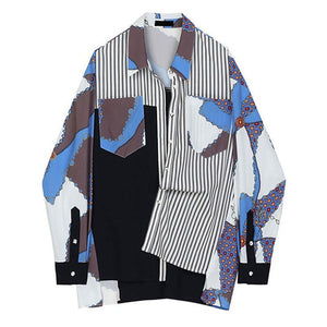 [EAM] Women Blue Pattern Printed Big Size Blouse New Lapel Long Sleeve Loose Fit Shirt Fashion Tide Spring Autumn 2020 1R702