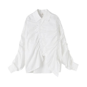 [EAM] Women White Pleated Asymmetrical Big Size Blouse New Lapel Long Sleeve Loose Fit Shirt Fashion Spring Autumn 2020 1R595