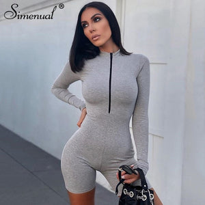 Simenual Zipper Ribeed Casual Skinny Biker Shorts Playsuits Women Long Sleeve Fashion Sporty Casual Active Wear Bodycon Rompers