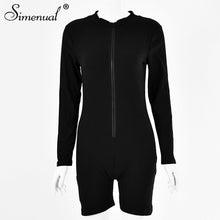 Load image into Gallery viewer, Simenual Zipper Ribeed Casual Skinny Biker Shorts Playsuits Women Long Sleeve Fashion Sporty Casual Active Wear Bodycon Rompers
