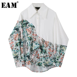 [EAM] Women White Pattern Printed Split Big Size Blouse New Lapel Long Sleeve Loose Fit Shirt Fashion Spring Autumn 2020 1S797