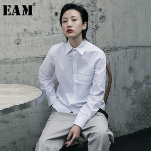 [EAM] Women White Pocket Line Split Joint Blouse New Lapel Long Sleeve Loose Fit Shirt Fashion Tide Spring Autumn 2020 1R604