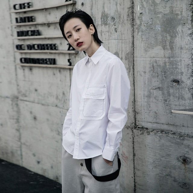 [EAM] Women White Pocket Line Split Joint Blouse New Lapel Long Sleeve Loose Fit Shirt Fashion Tide Spring Autumn 2020 1R604