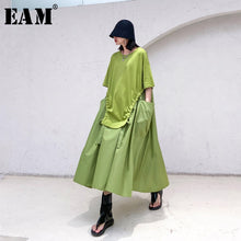 Load image into Gallery viewer, [EAM] Women Green Big Pocket Drawstring Big Size Dress New Round Neck Half Sleeve Loose Fit Fashion Spring Summer 2020 1T168
