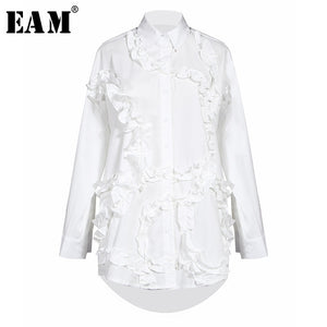 [EAM] Women Black Ruffles Split Joint Big Size Blouse New Lapel Long Sleeve Loose Fit Shirt Fashion  Spring Autumn 2020 1S551