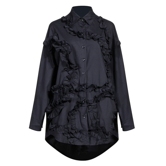 [EAM] Women Black Ruffles Split Joint Big Size Blouse New Lapel Long Sleeve Loose Fit Shirt Fashion  Spring Autumn 2020 1S551