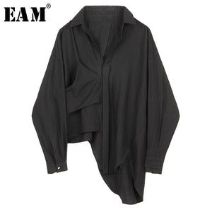 [EAM] Women Black Asymmetrical Big Size Blouse New Lapel Long Sleeve Loose Fit Shirt Fashion Tide Spring Autumn 2020 1B445